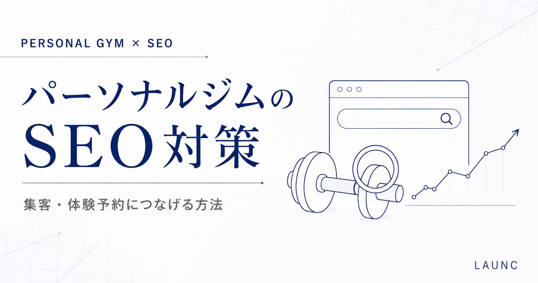 パーソナルジムのSEO対策について、検索画面、ダンベル、アクセス増加のグラフで表現した記事サムネイル