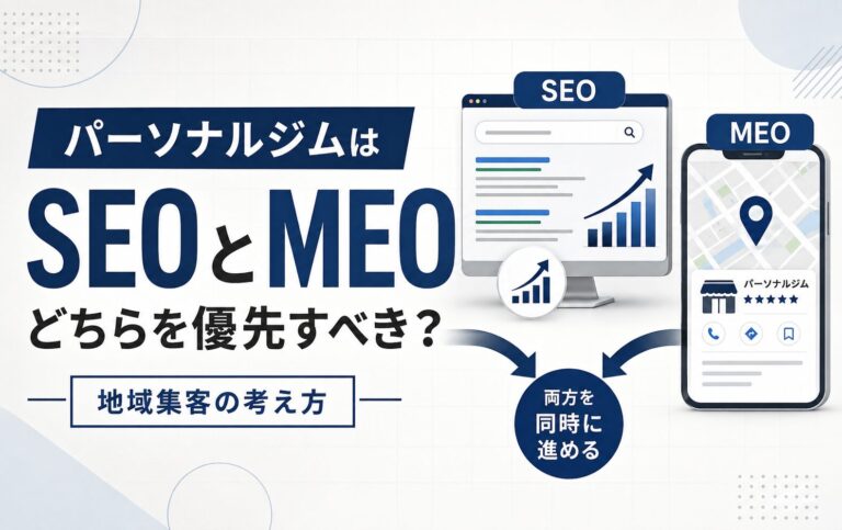 パーソナルジムの地域集客において、SEOとMEOを同時に進める考え方を表した図解