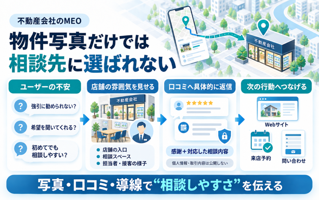 不動産会社が店舗や担当者の写真、具体的な口コミ返信、予約導線によって相談前の不安を減らす方法